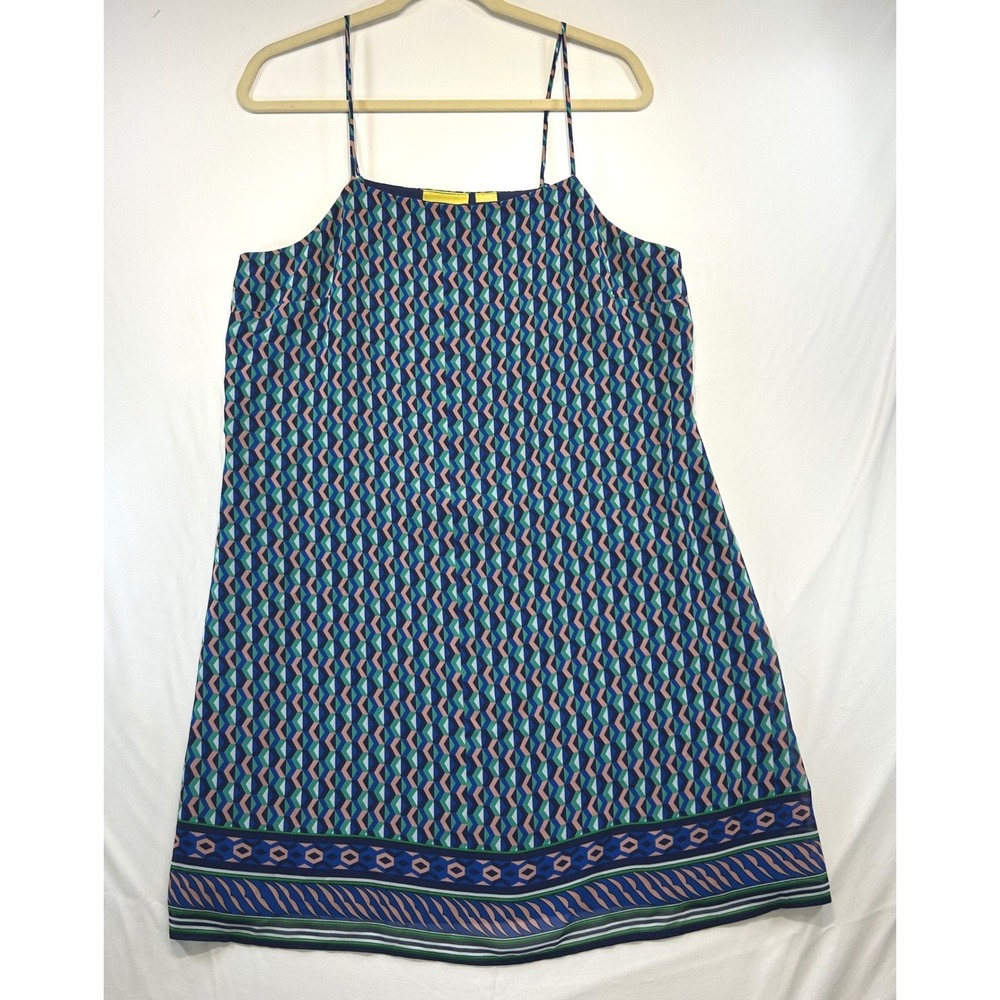 Maeve Mod Geometric Print Silk Shift Mini Dress Size L Blue Green Anthropologie